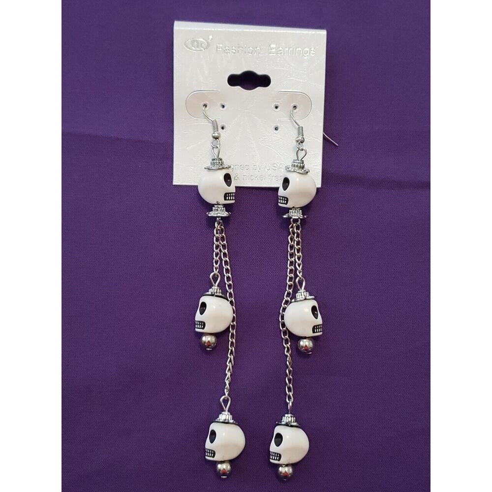 White Skull Long Dangle Tassel Halloween Bikercore Punkcore Rocker Goth Boho